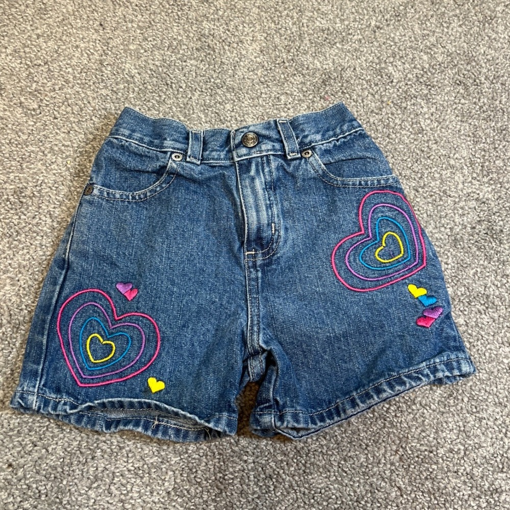 vtg y2k Denim Shorts Girls Size 6x Blue heart Embroidered boho retro kidcore 90s